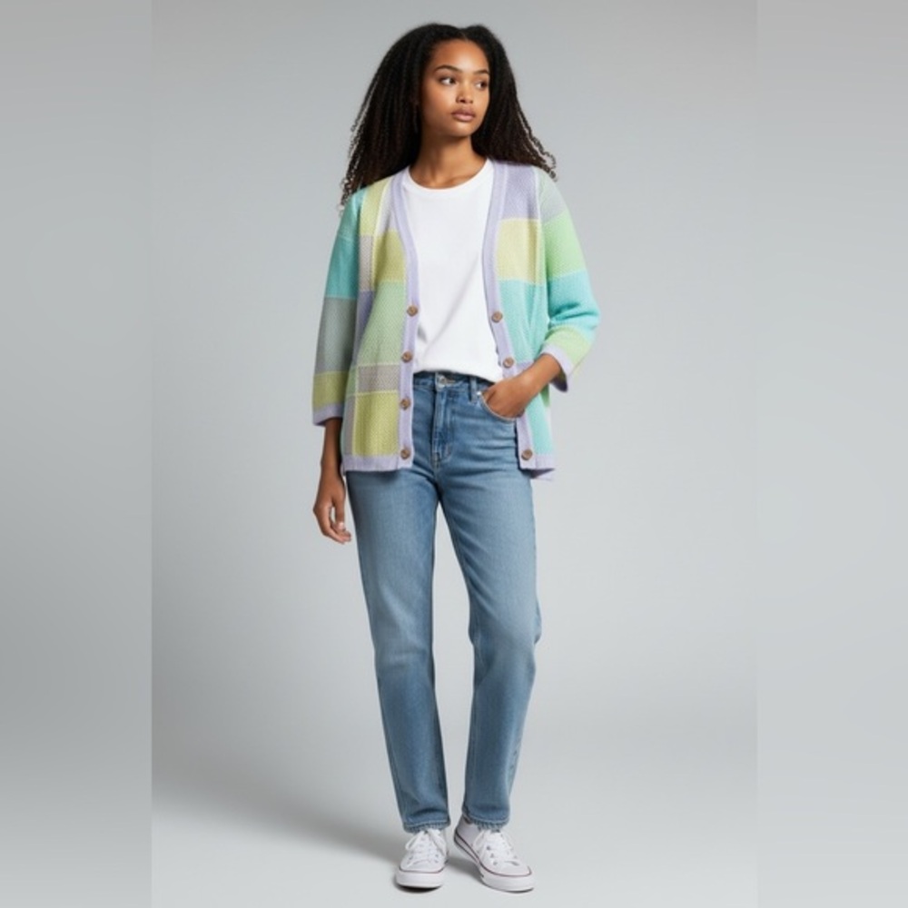 Vintage Pastel Color Block Crochet Cardigan Size Petite Large